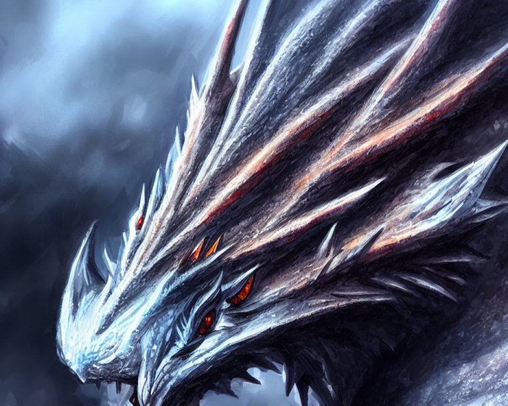 Majestic dragon with glowing red eyes and sharp spines in stormy sky