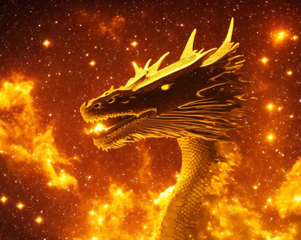 Golden dragon breathing fire against fiery backdrop in image.