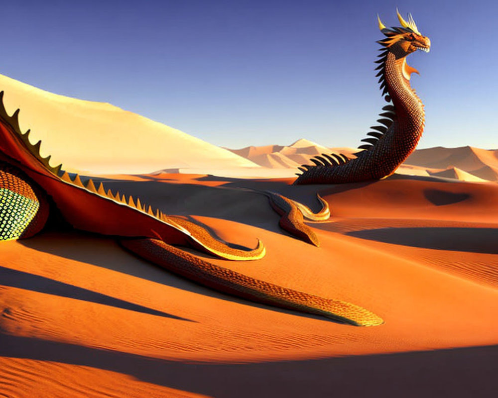 Majestic dragon with orange-yellow scales in desert landscape