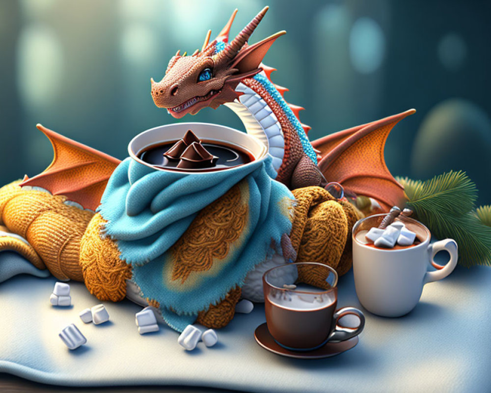 Dragon enjoying hot chocolate with marshmallows and cocoa in cozy setting