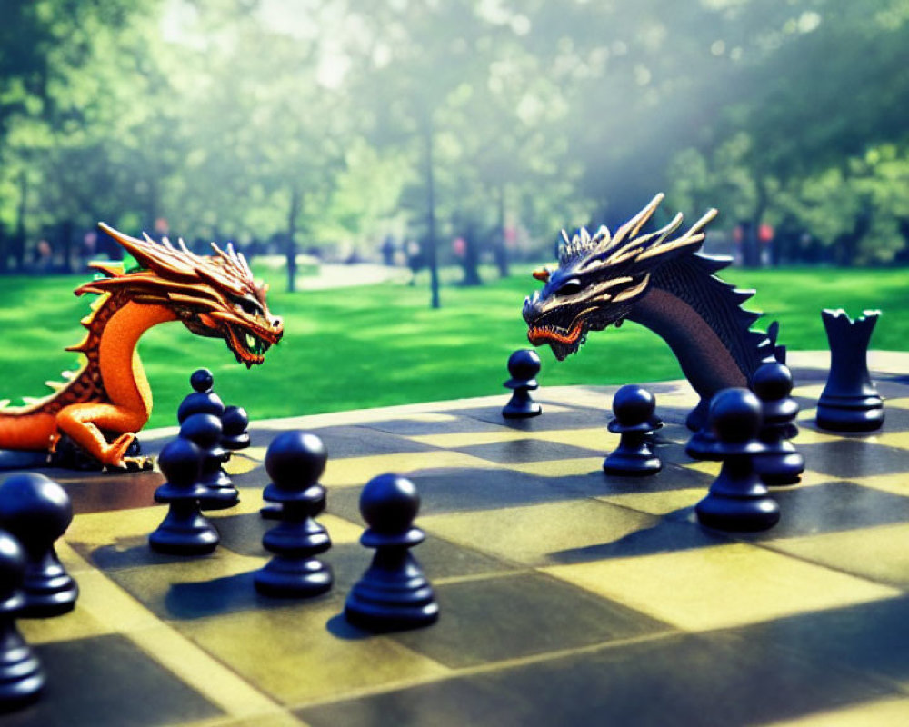 Intricately Designed Dragon Chess Pieces on Chessboard in Sunny Park