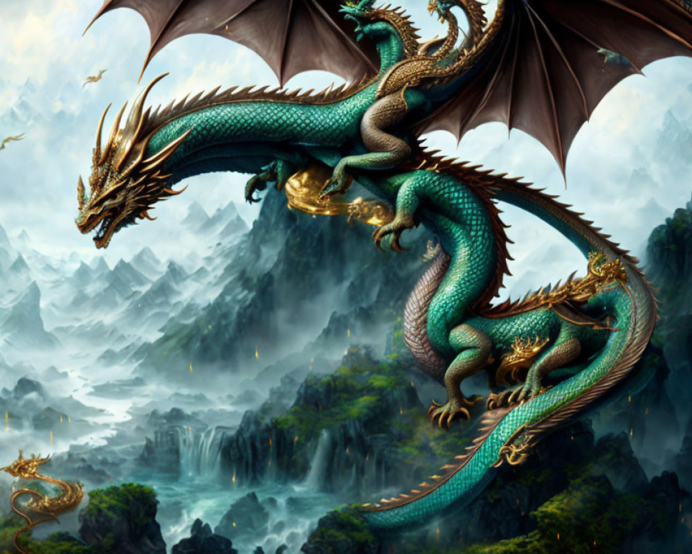 Majestic green dragon with elaborate scales in mountain landscape