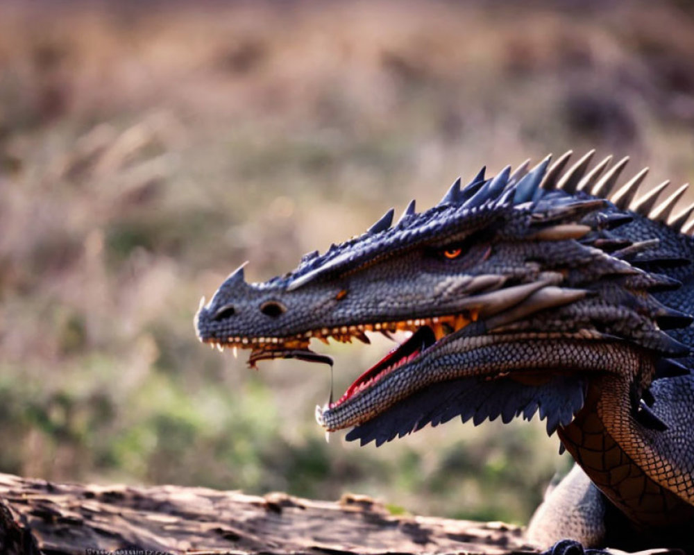 Detailed Dragon Model with Sharp Teeth and Glowing Eyes on Wooden Surface