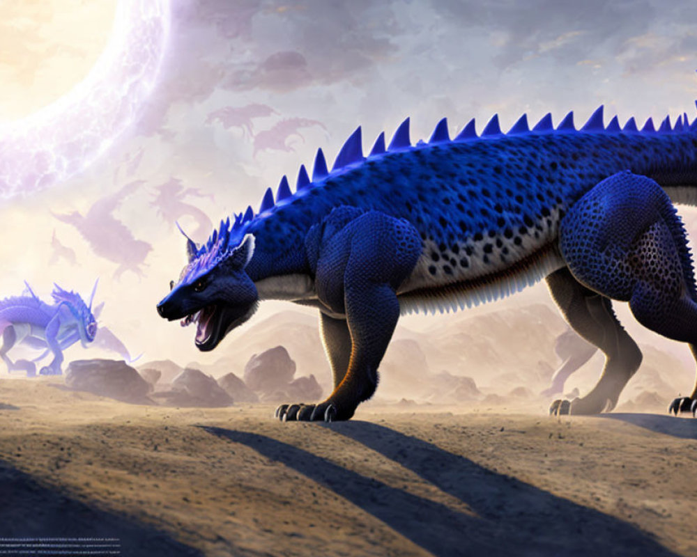 Digital Art: Blue Spiky Dragons in Desert Landscape with Dramatic Sky