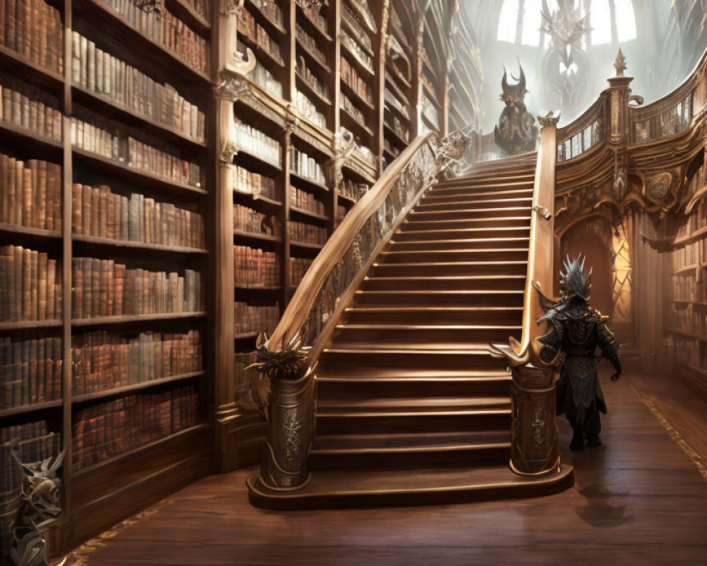 Majestic library with towering bookshelves and armored figure