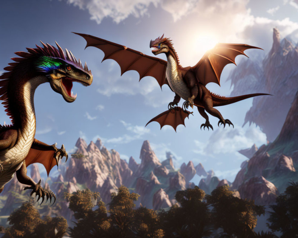 Dragons with outstretched wings in mountain sunset scene