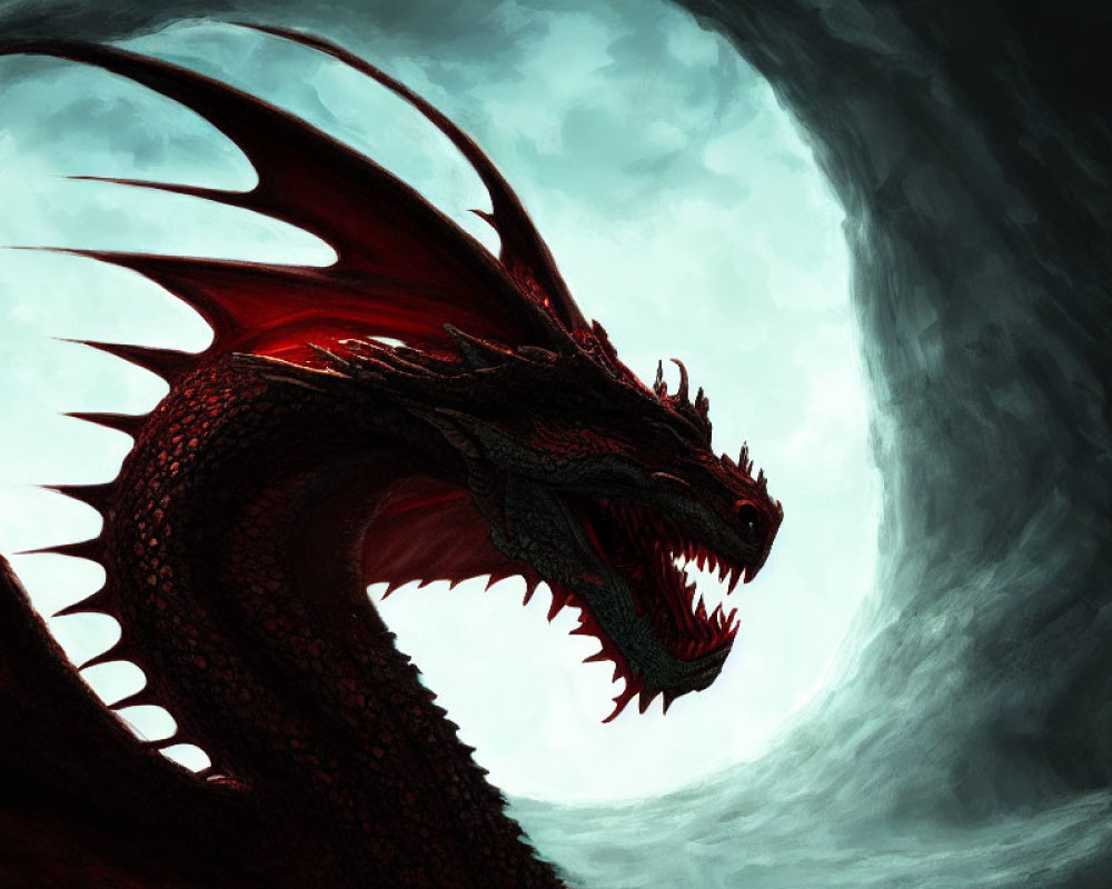 Red Dragon with Large Horns and Sharp Teeth in Dark Background