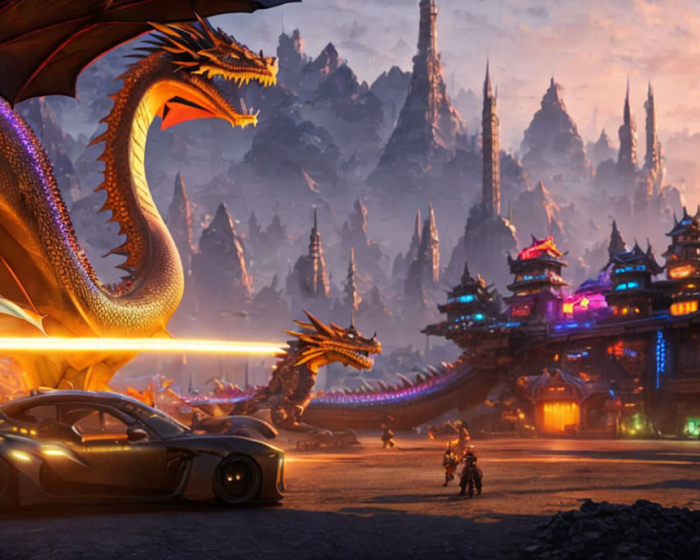 Majestic dragon with sports car and motorcycles in oriental cityscape