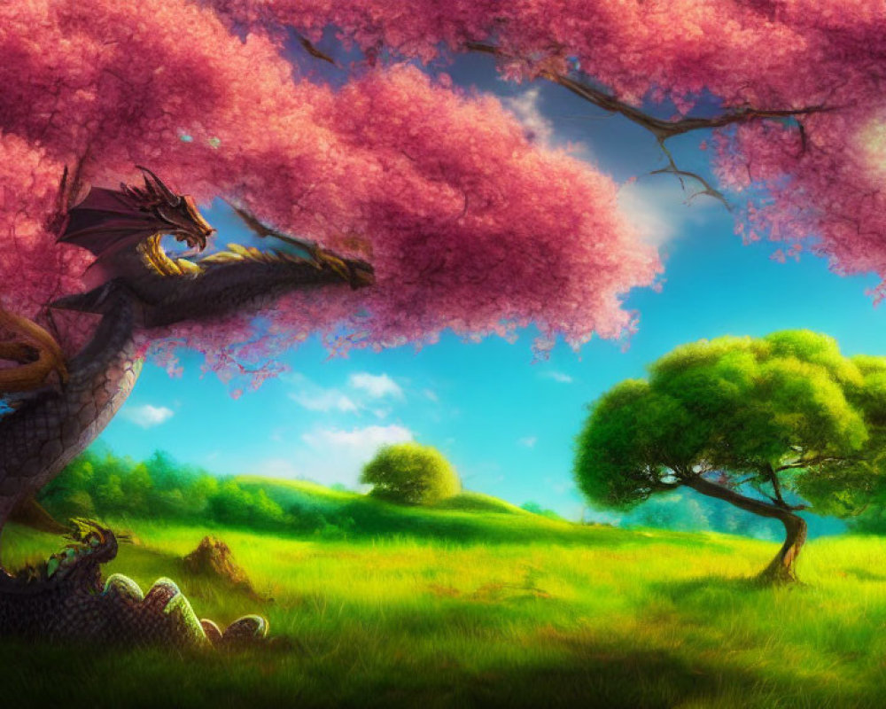 Majestic dragon under pink cherry blossom tree in lush meadow