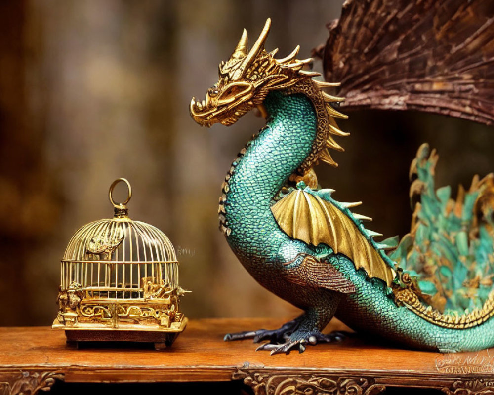 Detailed Green Dragon Model with Golden Accents and Birdcage on Wood Surface