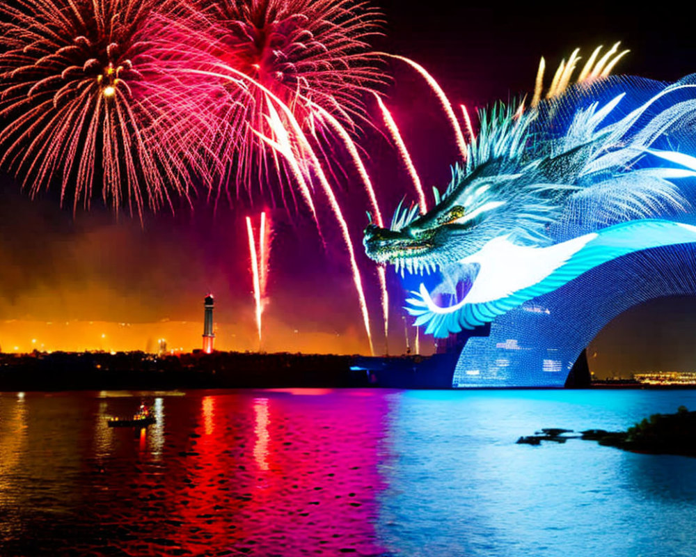 Colorful fireworks light up night sky over water with dragon-shaped structure