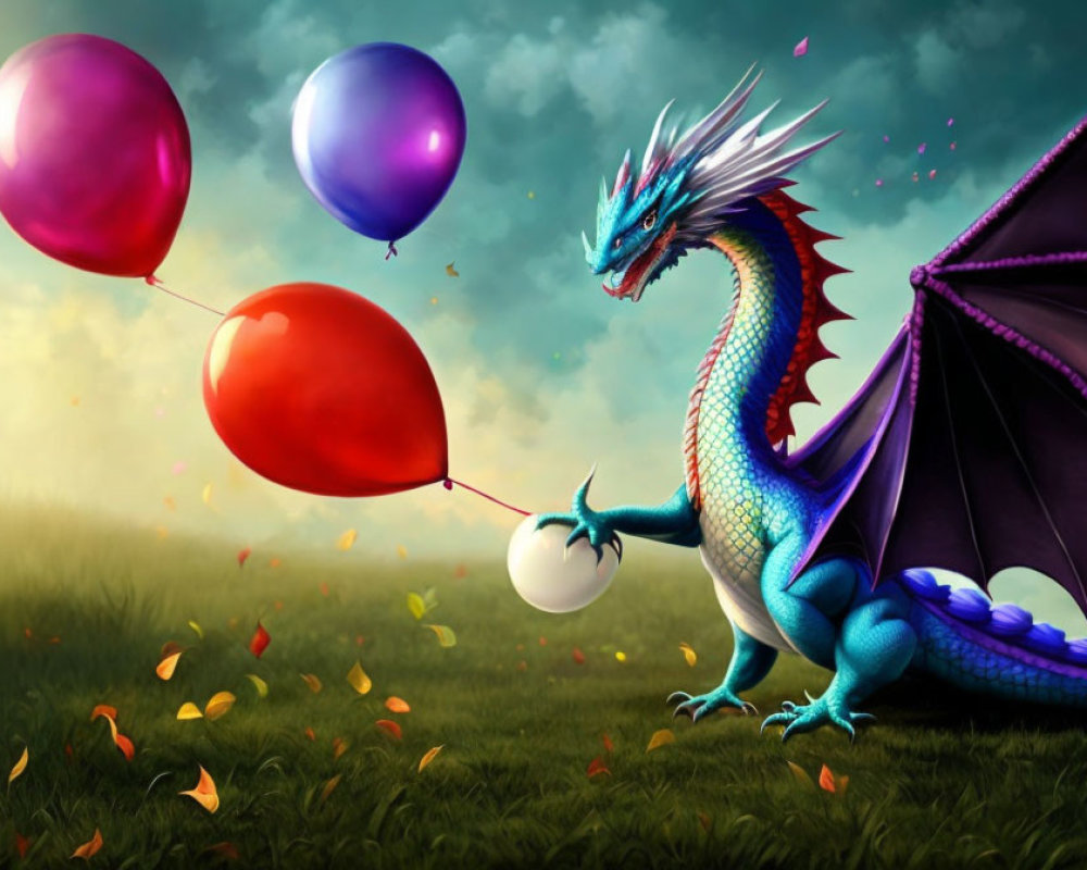 Colorful dragon with blue scales holding red balloon in whimsical field.