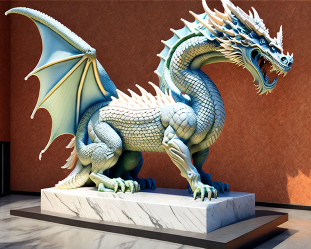 Majestic dragon sculpture with extended wings on marble pedestal in orange room