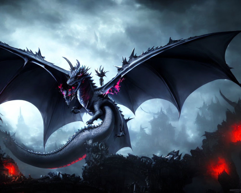 Black Dragon with Glowing Red Eyes in Fantasy Ruins Stormy Sky