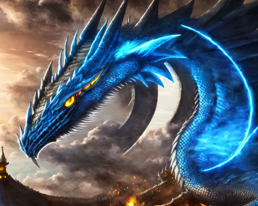 Blue dragon with glowing eyes and scales in sunset sky with castle silhouette