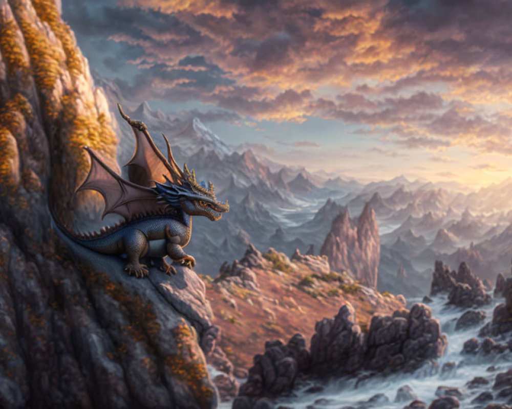 Majestic dragon on cliff in dramatic landscape