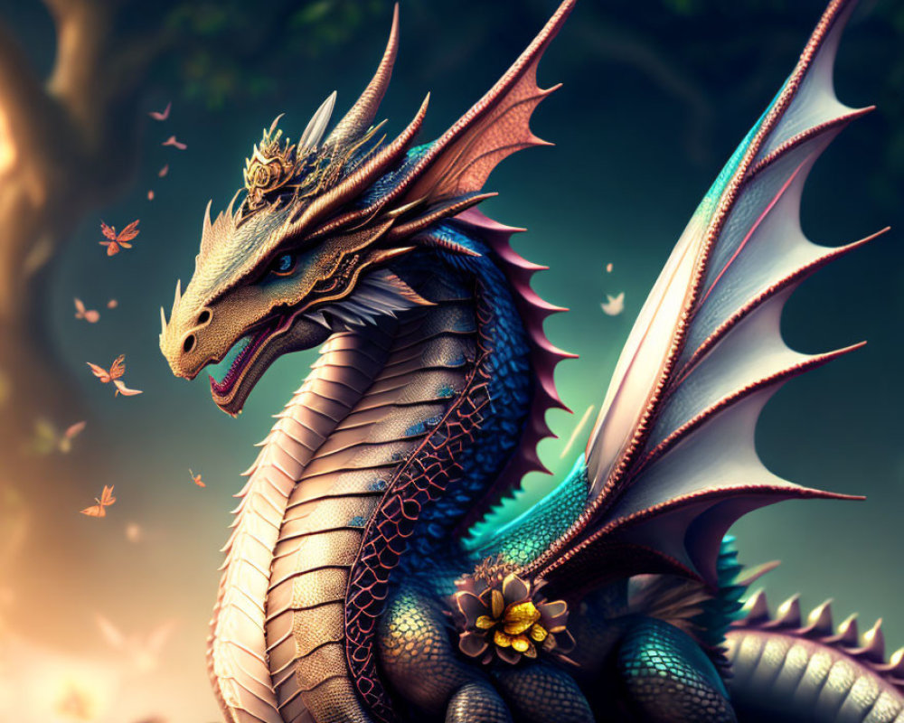 Iridescent Dragon with Majestic Wings and Leaves in Flight