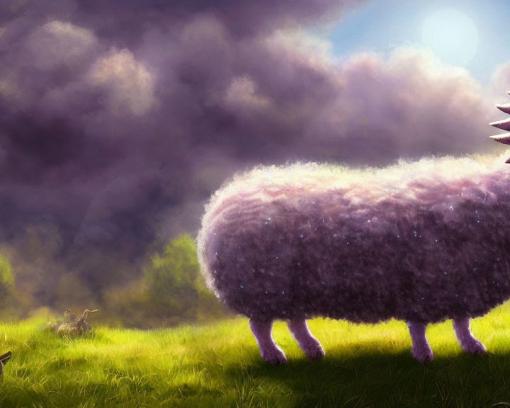 Fluffy purple sheep with horns in lush green field under dramatic sky