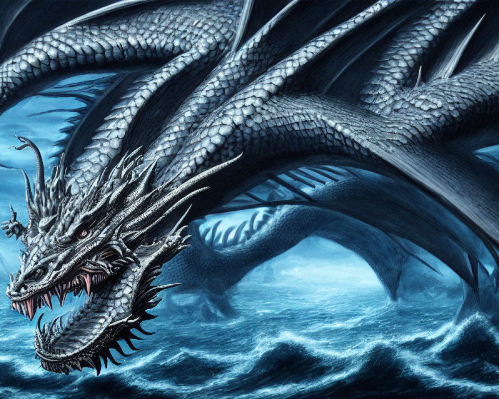 Mythical multi-headed dragon soaring above ocean with intricate scales.