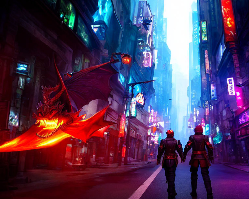 Armored figures in neon-lit city with glowing dragon