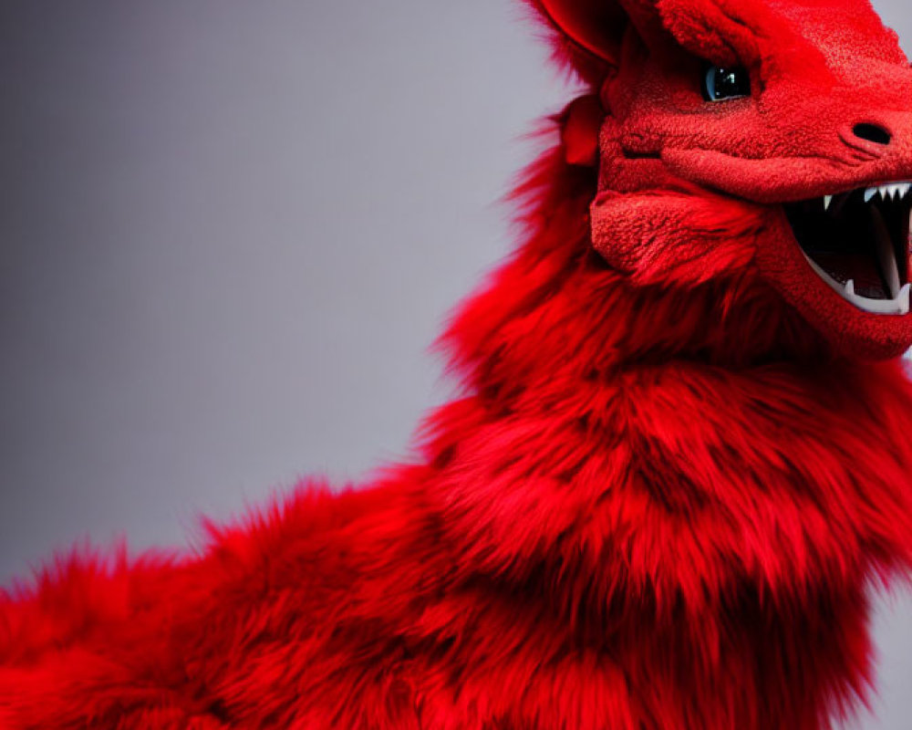 Vibrant Red Furry Dragon Costume on Playful Person