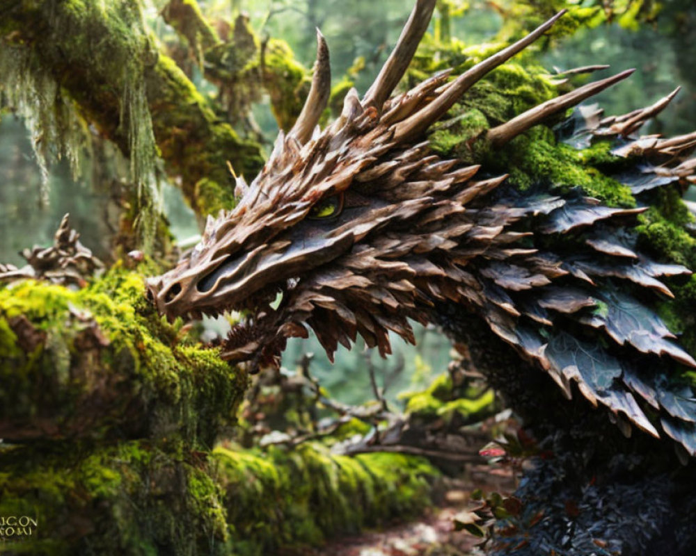 Detailed Illustration: Brown Dragon in Moss-Covered Forest