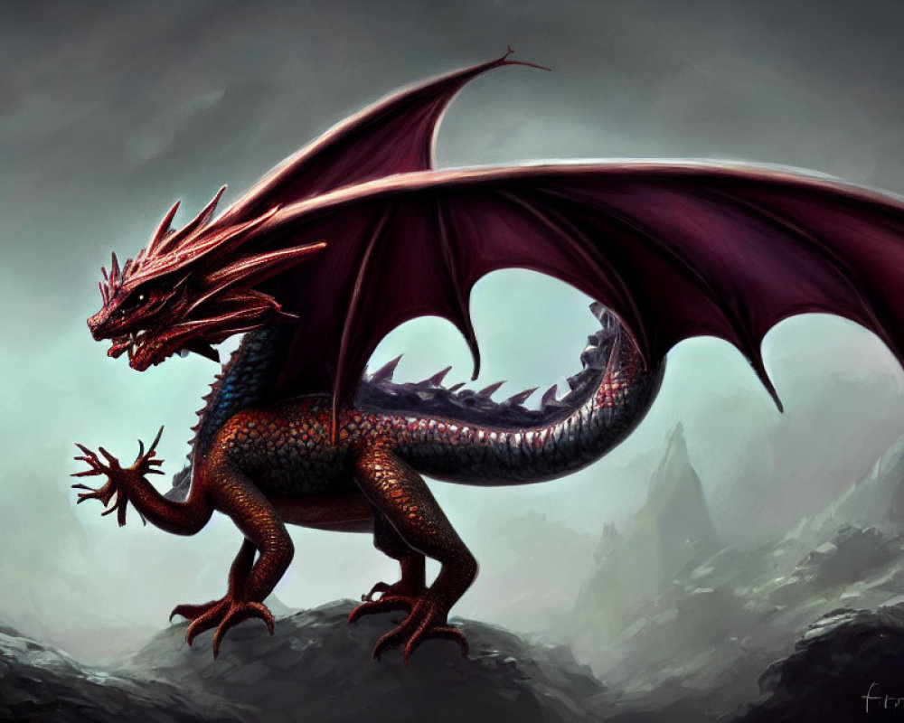 Majestic red and black dragon on rocky terrain under cloudy sky