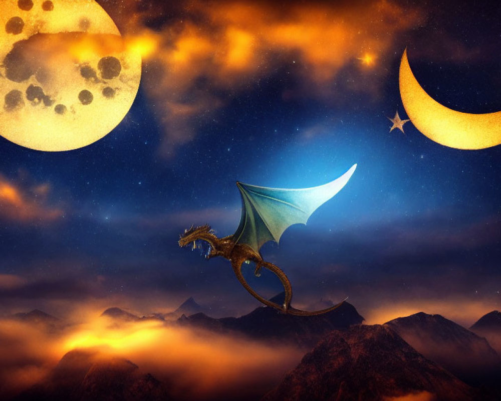 Dragon flying in mystical night sky over moonlit mountains