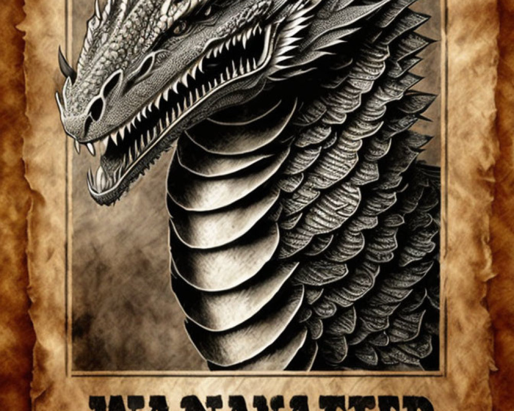 Detailed Fierce Dragon Wanted Poster Illustration on Old-Style Parchment Background