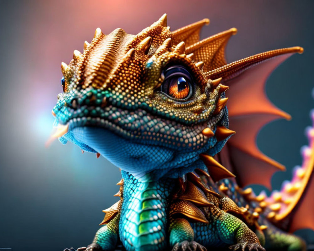 Colorful digital illustration of whimsical dragon with golden spikes, expressive eyes, blue and orange hues