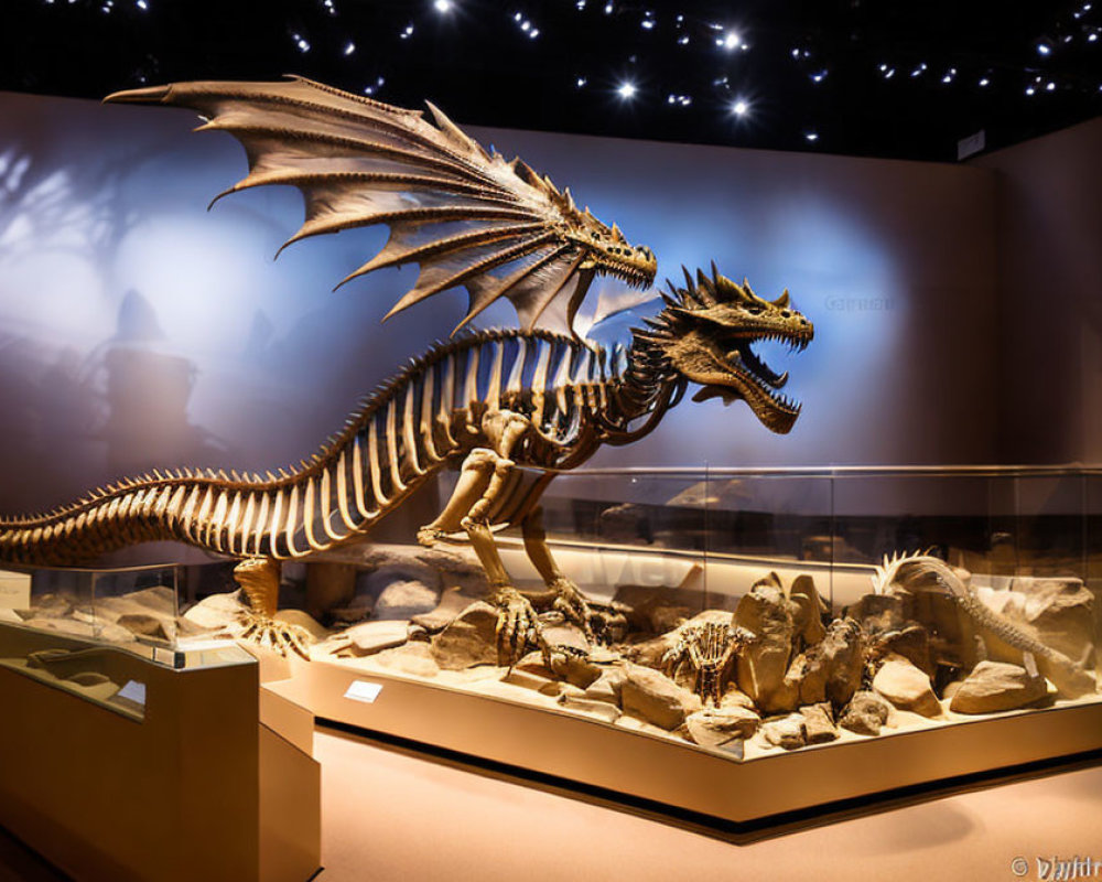 Realistic Dragon Skeleton Exhibit with Detailed Bone Structure