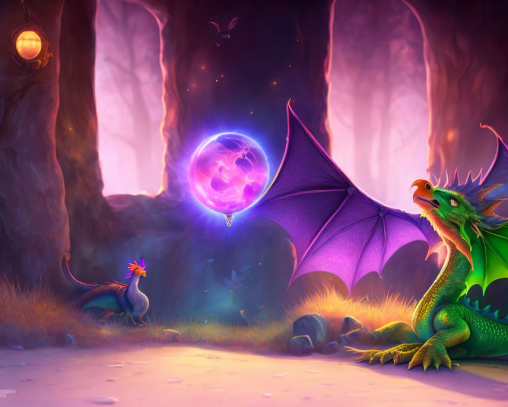 Colorful Illustration: Green Dragon, Blue Creature, Enchanted Forest