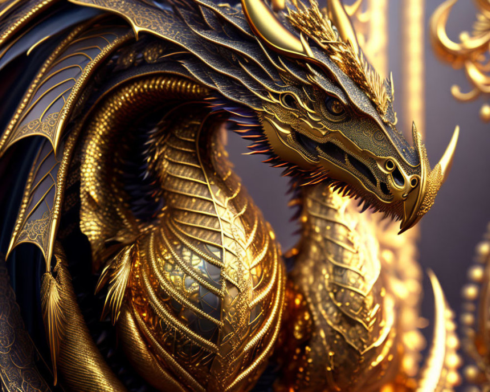 Detailed Golden Dragon Artwork with Decorative Background