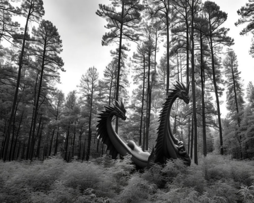 Monochrome dragon sculpture in dense forest with towering pine trees