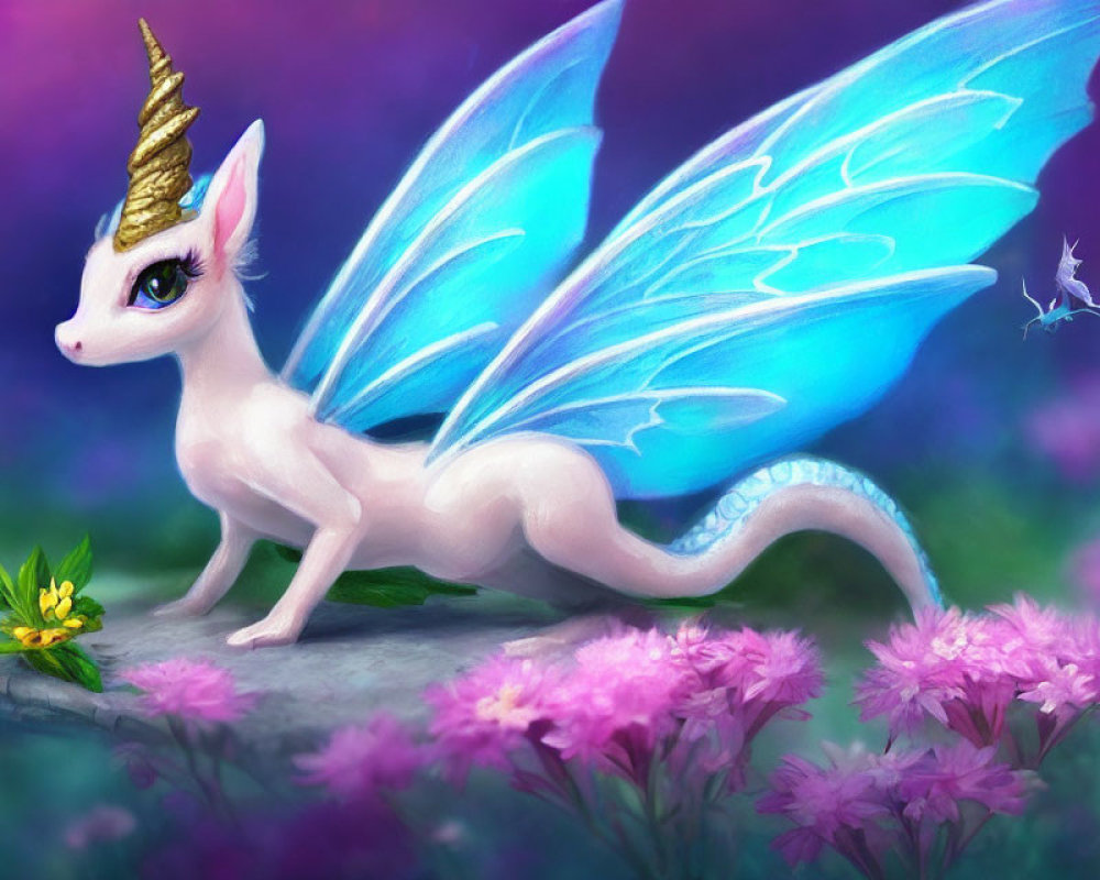 Illustration of unicorn with butterfly wings and fairy in a magical scene