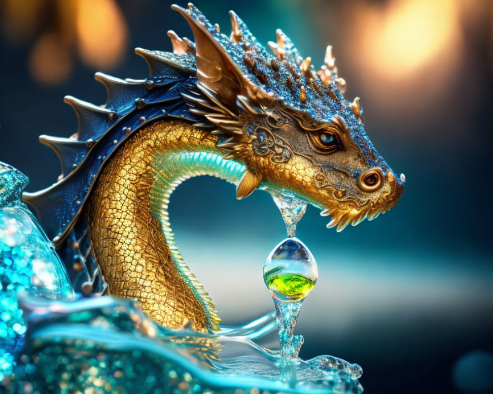 Golden Dragon Figurine with Blue Gem Accents Beside Crystal Ball