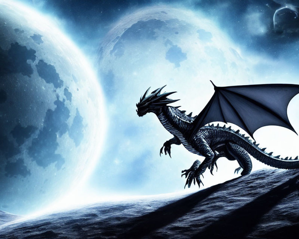 Majestic dragon on rocky terrain under starry night sky