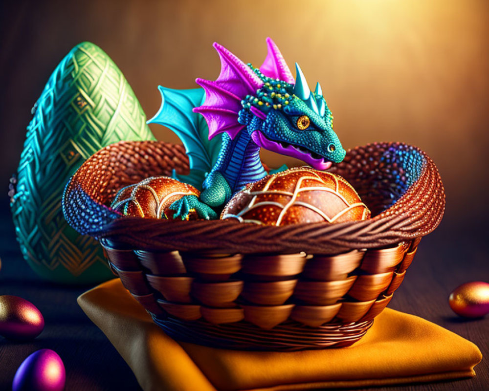 Colorful Dragon Hatchling in Woven Basket with Decorative Eggs on Dark Background