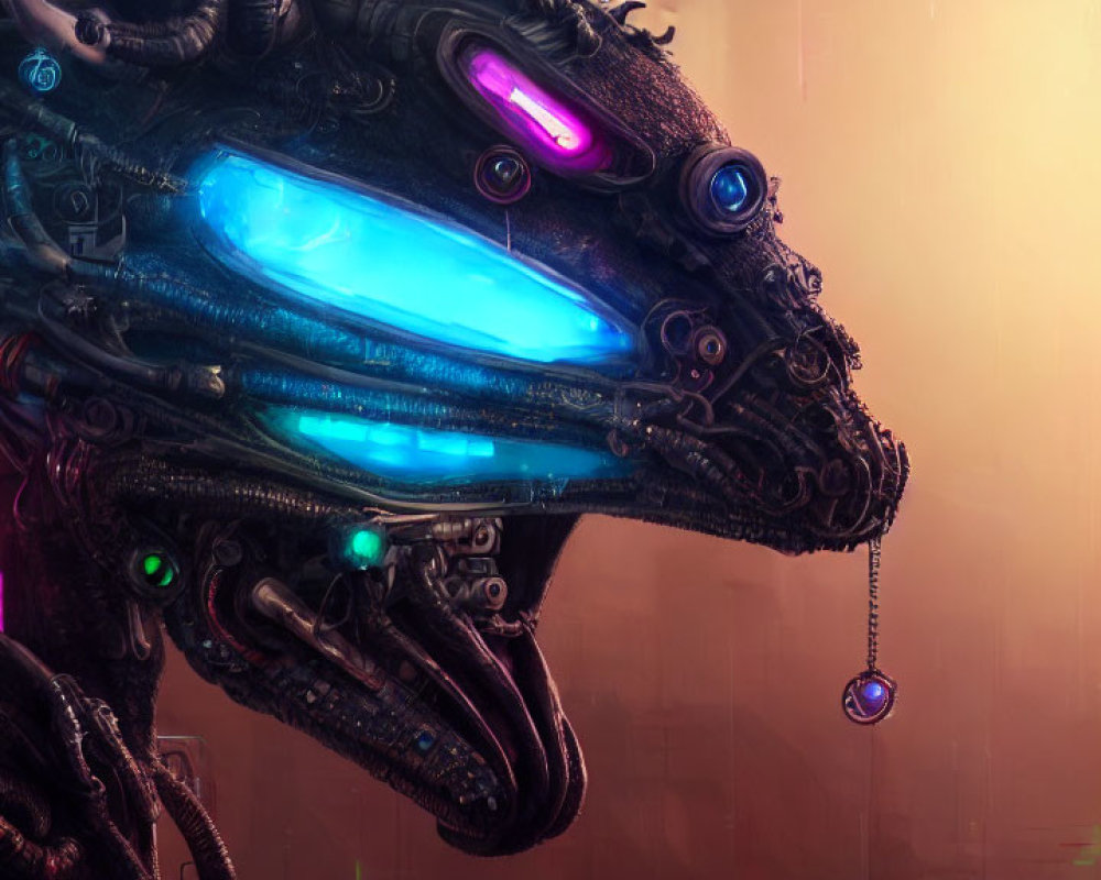 Detailed Cybernetic Creature with Glowing Eyes in Futuristic Cityscape