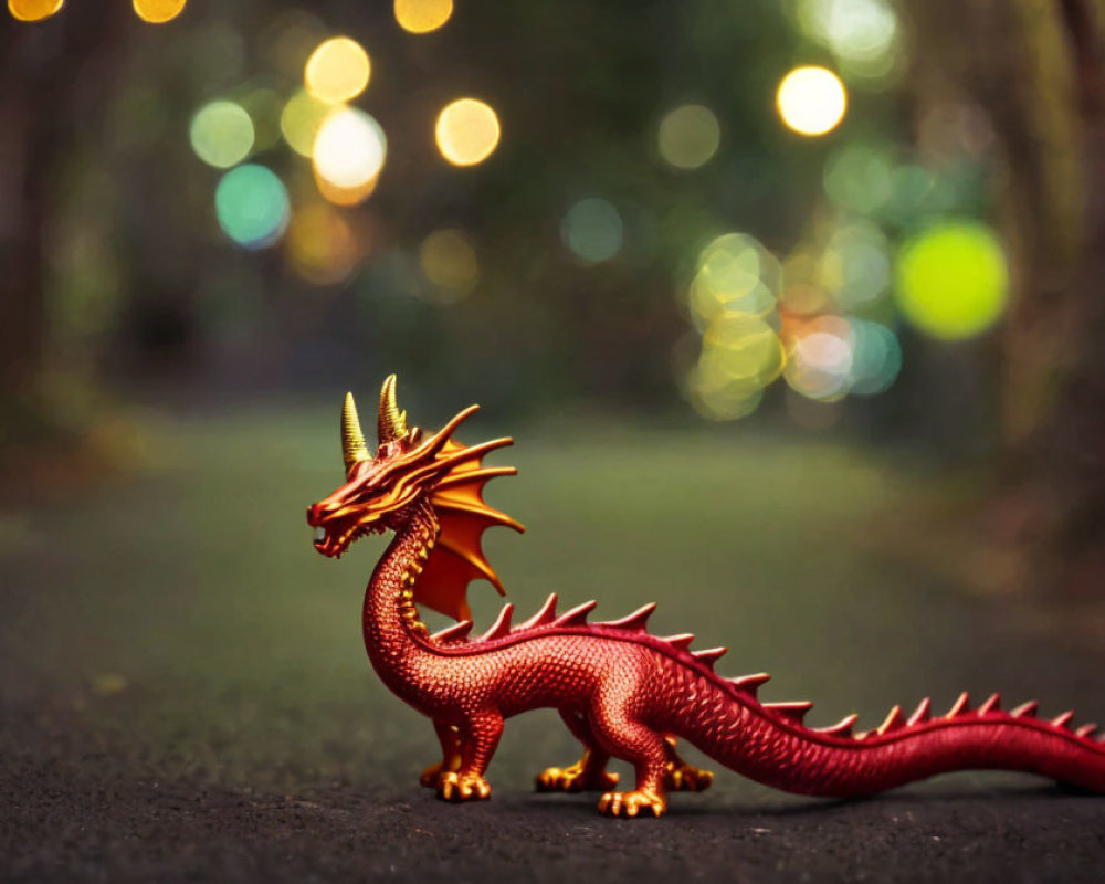 Toy Dragon on Blurred Pathway with Illuminated Trees