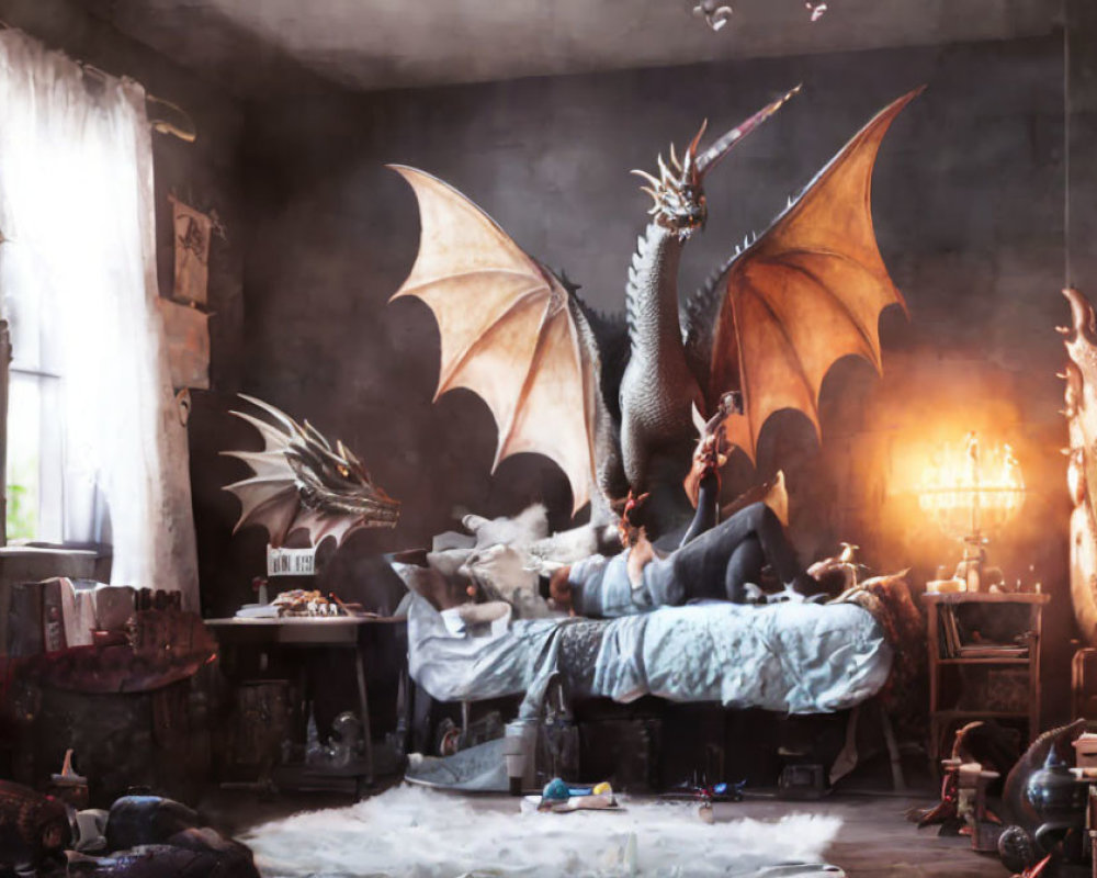 Large dragon with wings and woman in medieval-themed room bed.