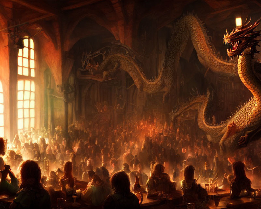 Majestic dragon in medieval tavern with warm light and people