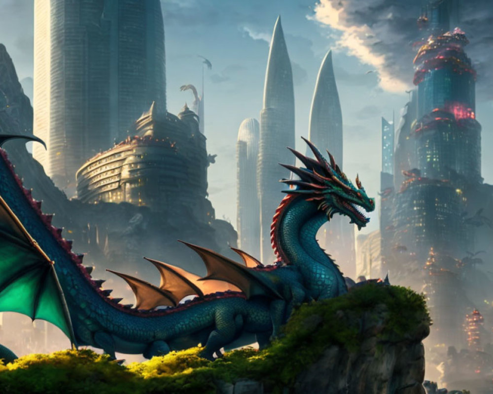 Majestic dragon on cliff with futuristic skyscrapers and dramatic sky