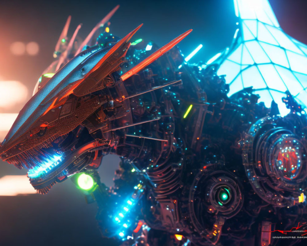 Futuristic mechanized dragon with neon lights and cybernetic enhancements