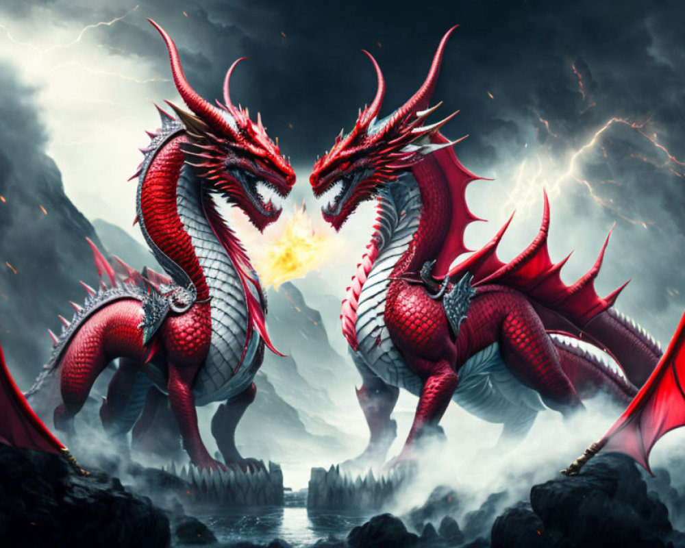 Two red dragons breathing fire in stormy landscape