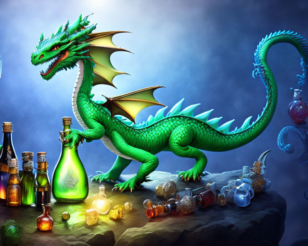 Colorful Dragon with Potions on Rocky Outcrop