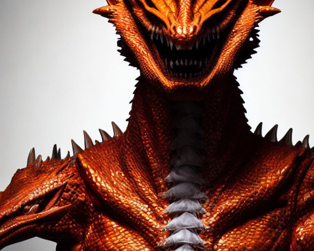 Orange dragon portrait with horns, sharp teeth, glowing eyes, and textured skin