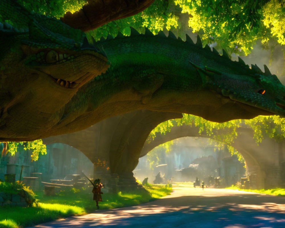 Green Dragon Resting on Stone Bridge in Sunlit Forest