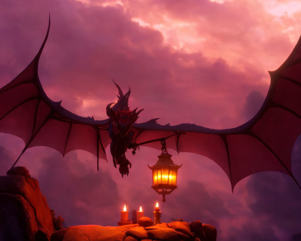 Dragon with large wings flying over rocky outpost with lit candles and lantern at twilight