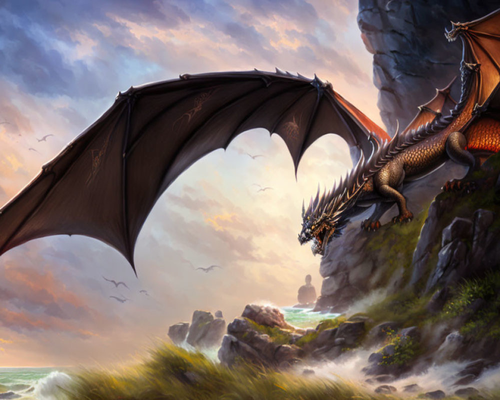 Majestic dragon on rocky cliff overlooking serene seascape